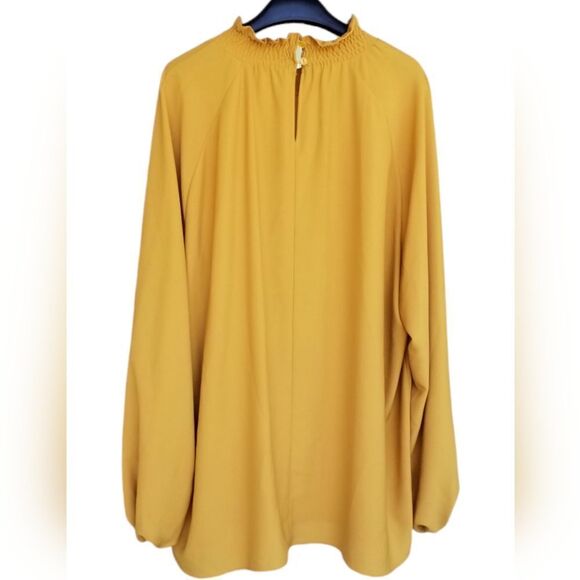 Marina Rinaldi Tunic Blouse Gathered Neckline Long Balloon Sleeves Gold Size 22 - Picture 2 of 13
